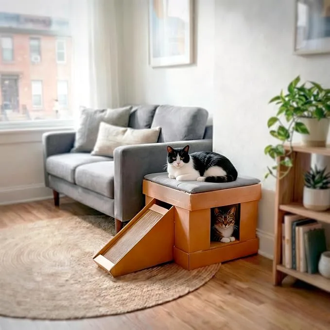 Casa para Gato com 2 Arranhadores e Rampa 1 Finalmente uma casa que seu gato VAI USAR e que NÃO VAI DESMONTAR! O que vai no Kit: 2 Arranhadores, 1 Almofada, 2 Bases, 2 Bases (Laterais), 2 Ajustadores, 1 base da Rampa e 1 fixador.