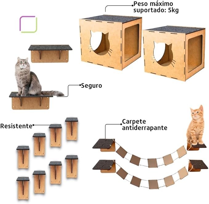 Playground para gatos 14 peças, inclui pontes, nichos, degraus e prateleiras em mdf com carpete antiderrapante, brinquedo e móvel suspenso para gatos 5 Playground para gatos 14 peças, inclui pontes, nichos, degraus e prateleiras em mdf com carpete antiderrapante, brinquedo e móvel suspenso para gatos - Imagem 5