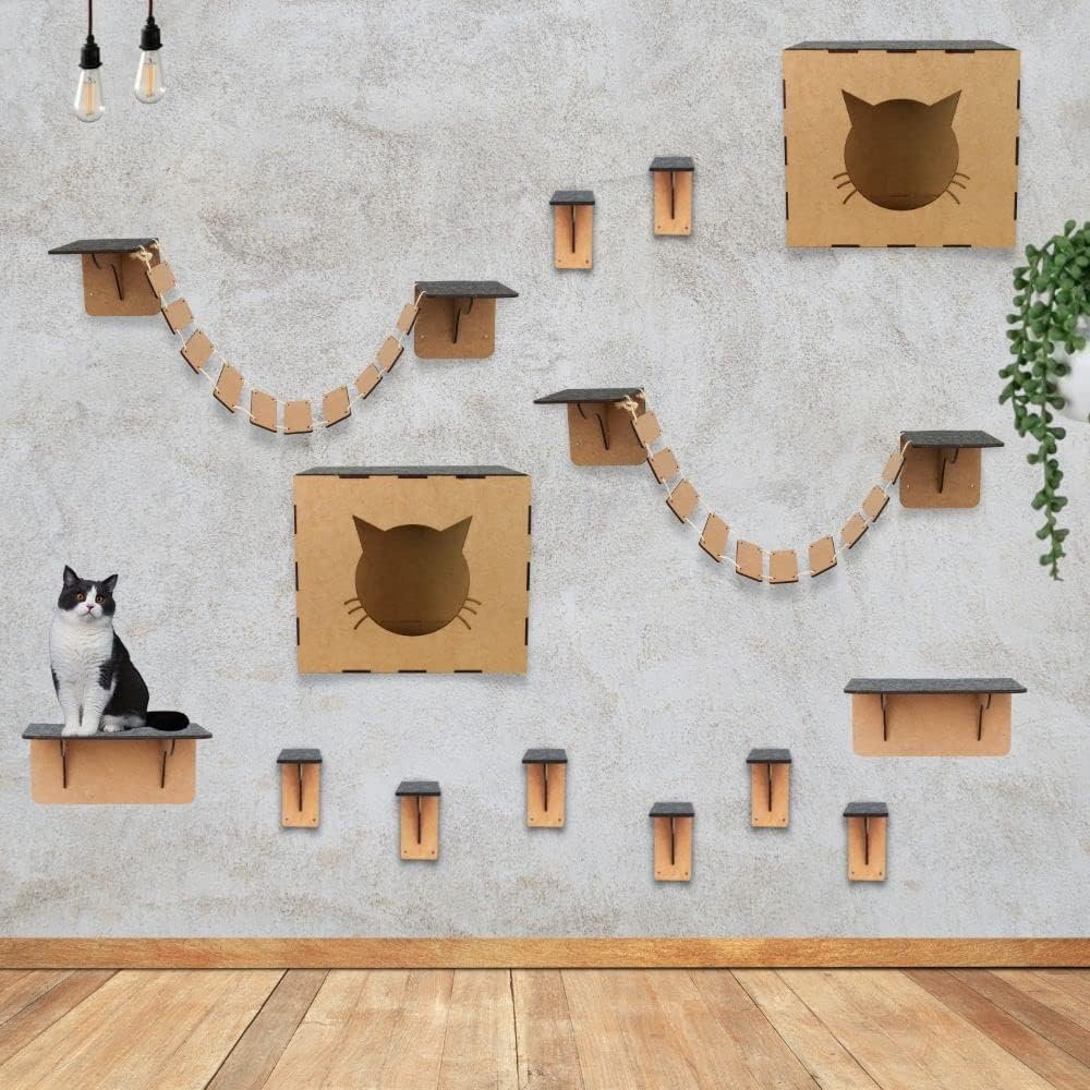 Playground para gatos 14 peças, inclui pontes, nichos, degraus e prateleiras em mdf com carpete antiderrapante, brinquedo e móvel suspenso para gatos 3 Playground para gatos 14 peças, inclui pontes, nichos, degraus e prateleiras em mdf com carpete antiderrapante, brinquedo e móvel suspenso para gatos - Imagem 3