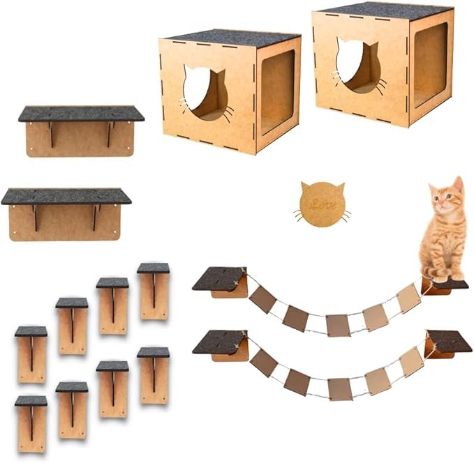 Playground para gatos 14 peças, inclui pontes, nichos, degraus e prateleiras em mdf com carpete antiderrapante, brinquedo e móvel suspenso para gatos 1 Playground para Gatos 14 Peças do Reino do Gato