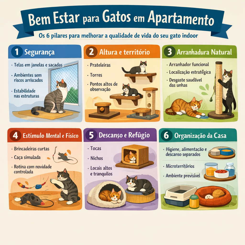 Infográfico de Como Melhorar o Bem-Estar de Gatos que Vivem em Apartamento