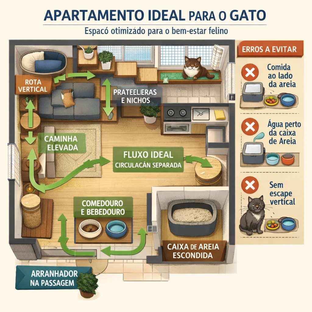 Gatificação em Apartamento: Guia Completo 12 Infográfico sobre gatificação em apartamento do reino do gato mostrando rotas verticais, nichos e a separação correta das áreas de higiene e alimentação.