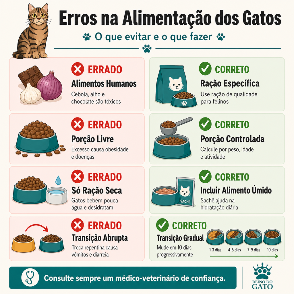 Infográfico com os 8 erros mais comuns na alimentação de gatos e como evitá-los