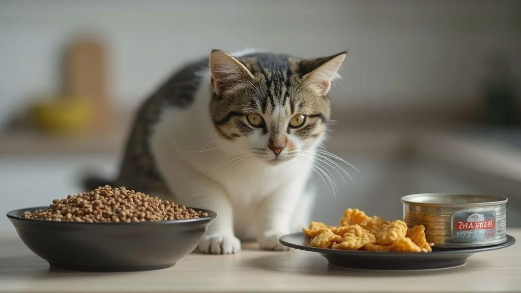 Gato tabby diante de tigela de ração seca, petiscos e lata de ração úmida em cozinha