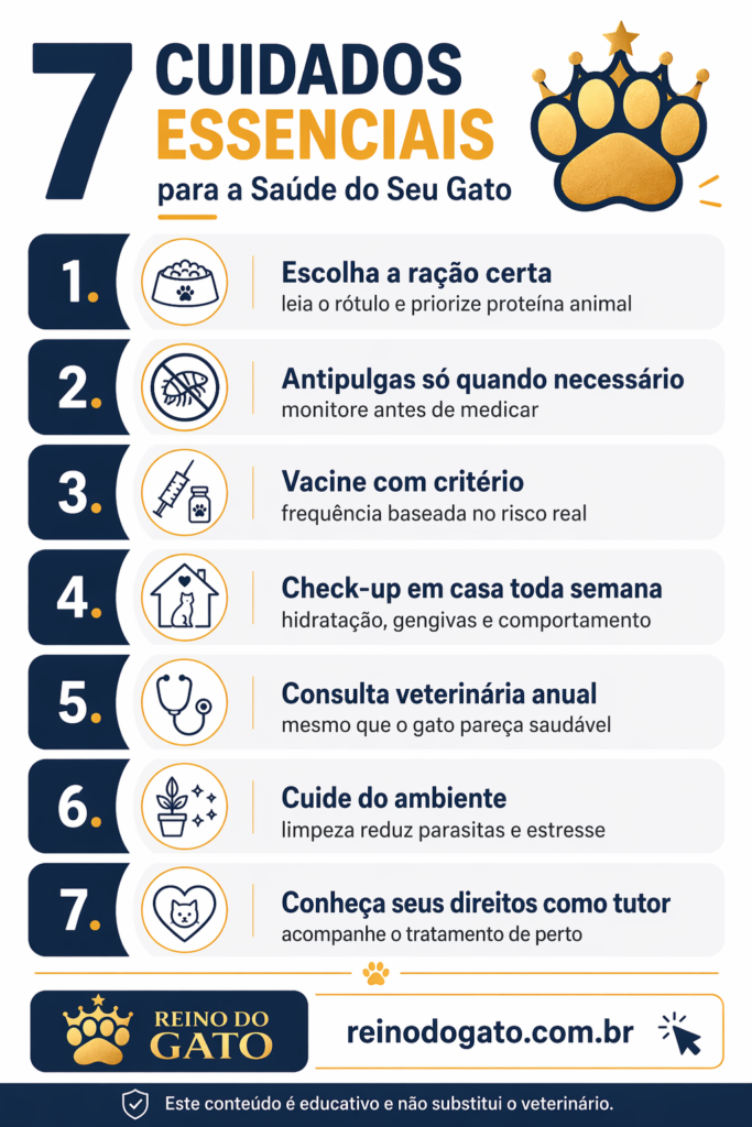 Infográfico com os 7 cuidados essenciais para a saúde do gato: ração, antipulgas, vacinação, check-up em casa e consulta veterinária