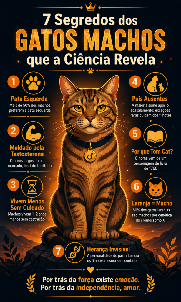 Infográfico com os 7 segredos dos gatos machos revelados pela ciência: pata esquerda, testosterona, castração, pais ausentes, nome Tom Cat, genética da cor laranja e herança de temperamento