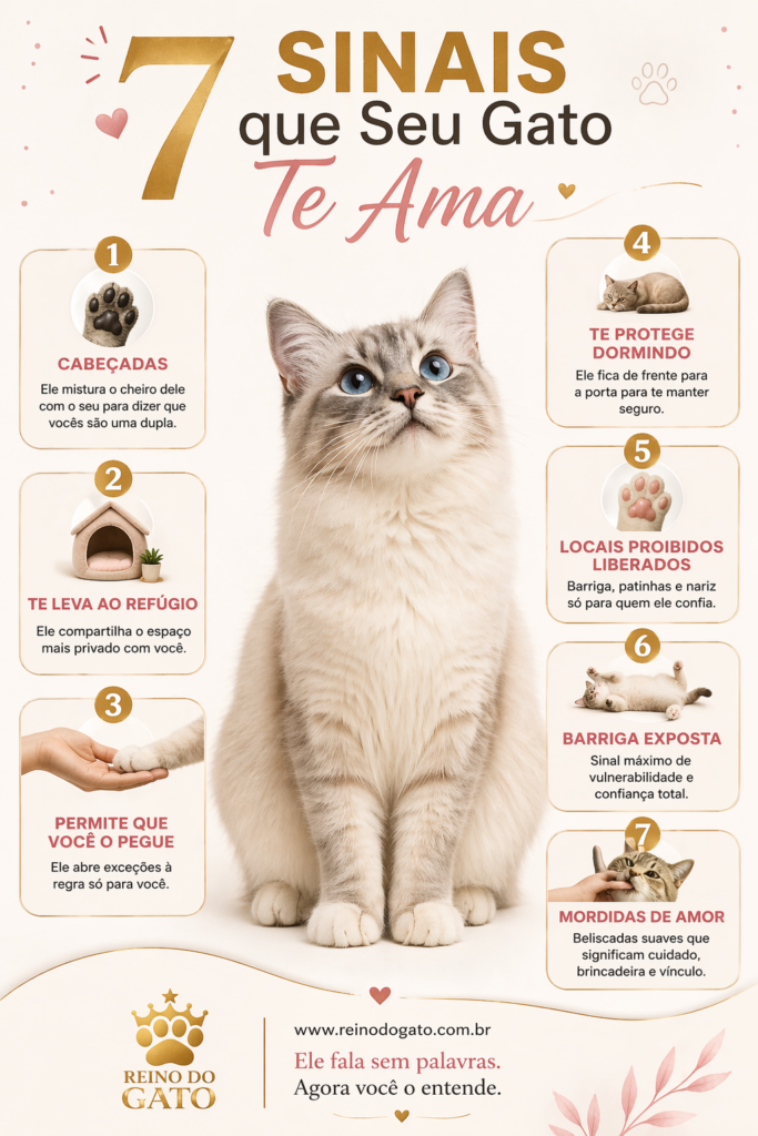 Infográfico com os 7 sinais que seu gato te ama, incluindo cabeçadas, barriga exposta e mordidas de amor — Reino do Gato