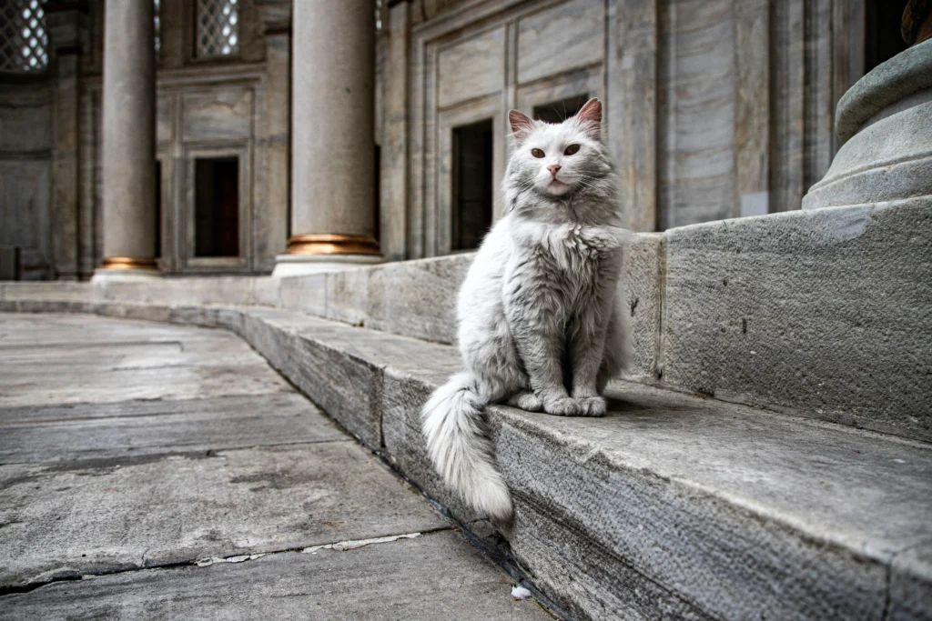 Gato branco imponente sentado nos degraus de pedra de uma construção clássica, ilustrando o respeito e a pureza associados aos felinos na tradição do Islã.
