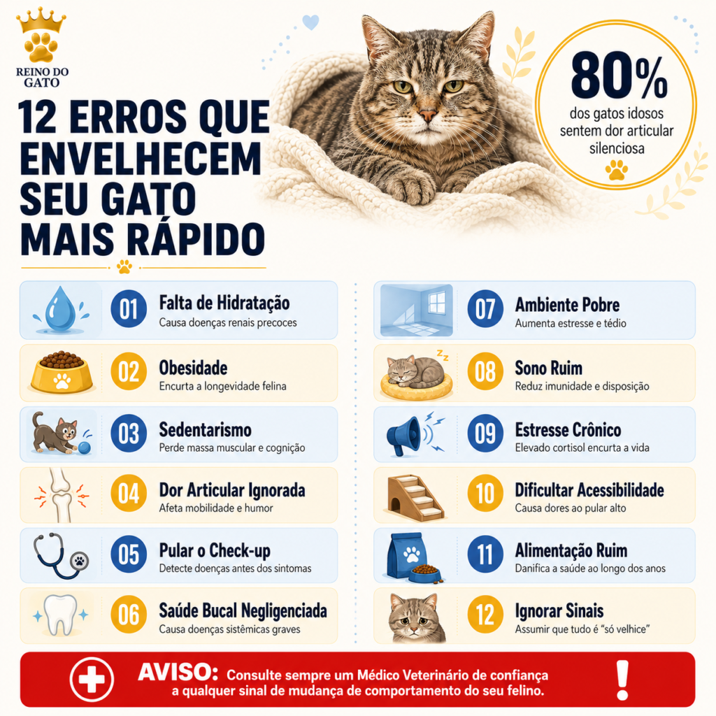 Infográfico com os 12 erros que aceleram o envelhecimento do gato, incluindo hidratação, obesidade, sedentarismo, dor articular, check-up e saúde bucal.