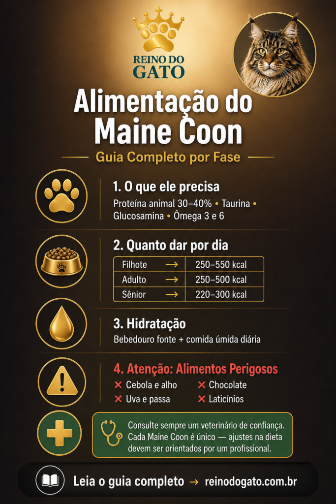 Infográfico alimentação do Maine Coon por fase da vida —
nutrição, porções diárias, hidratação, alimentos
perigosos e orientação veterinária — reinodogato.com.br