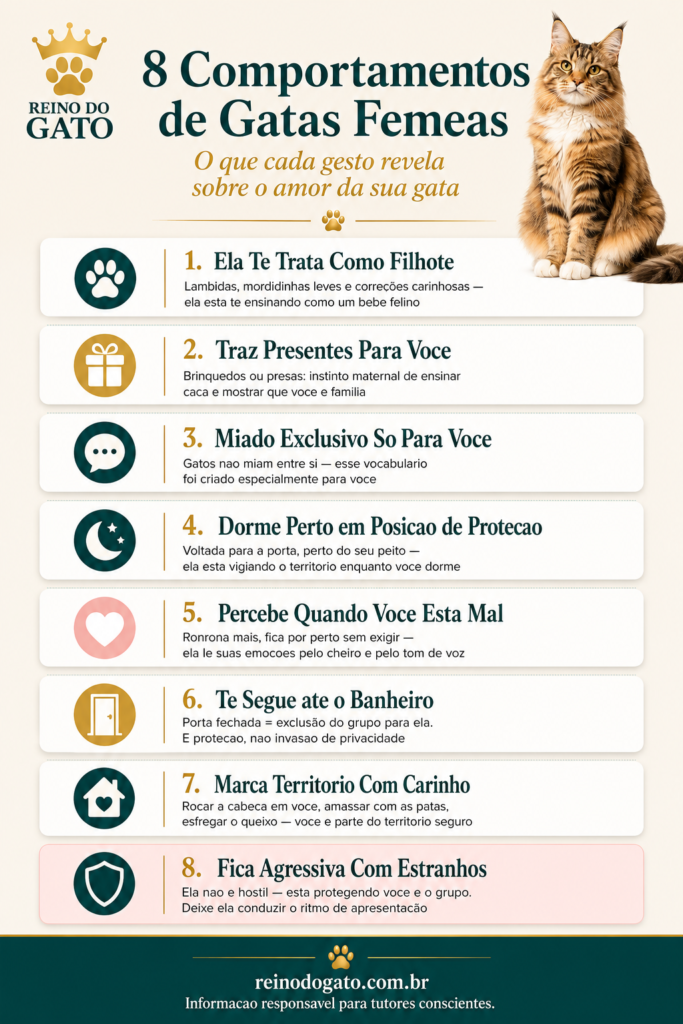 Infografico educativo sobre os 8 comportamentos das gatas
femeas — lambidas, presentes, miados exclusivos, marcacao
de territorio e protecao revelam vinculo afetivo com o tutor