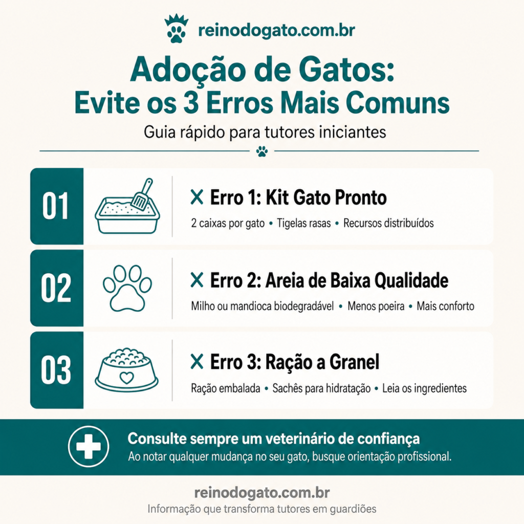 Adoção de Gatos: Evite os 3 Erros Mais Comuns 10 Infográfico com os 3 erros mais comuns na adoção de gatos: kit pronto, areia ruim e ração a granel