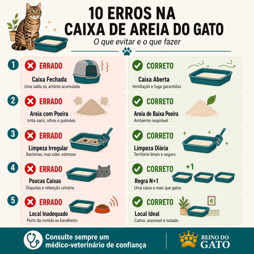 Infográfico com 10 erros comuns na caixa de areia do gato e como corrigir cada um