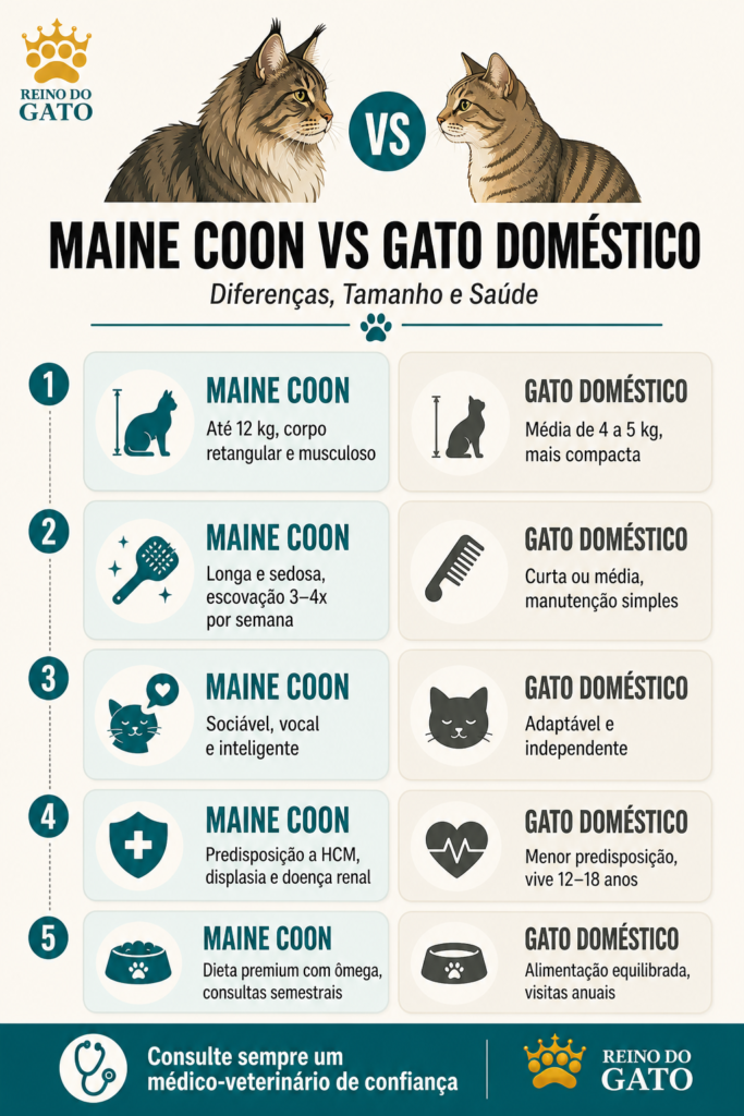 Infográfico comparando Maine Coon e gato doméstico em tamanho, pelagem, personalidade, saúde e cuidados