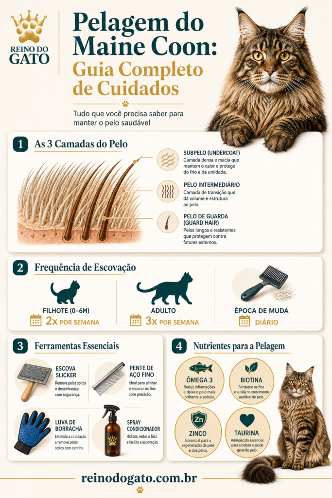 Infográfico Reino do Gato sobre pelagem do Maine Coon —
3 camadas do pelo, frequência de escovação, ferramentas
essenciais e nutrientes para um pelo saudável