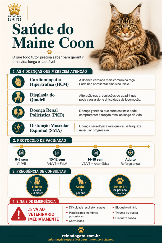 Saúde do Maine Coon: Guia Completo para Tutores 2026 15 Infográfico educativo sobre saúde do Maine Coon —
principais doenças da raça, protocolo de vacinação,
frequência de consultas e sinais de emergência veterinária