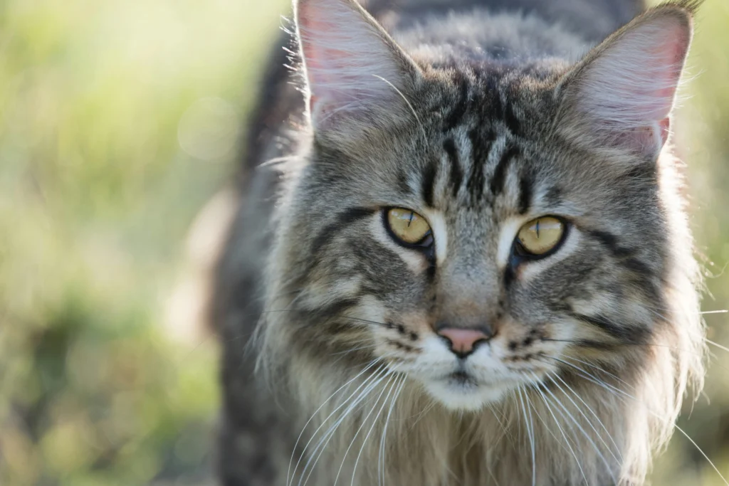 Maine Coon adulto brown tabby ao ar livre com olhar
alerta — na fase adulta o controle de porções e
a dieta balanceada são essenciais para a saúde da raça