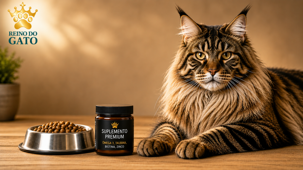 Maine Coon adulto ao lado de ração e suplemento premium
com ômega 3, taurina, biotina e zinco — nutrientes
essenciais para a saúde da pelagem e do coração