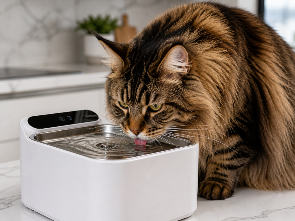 Maine Coon adulto brown tabby bebendo água em bebedouro
fonte elétrico com bacia de aço inoxidável — hidratação
essencial para prevenir doença renal na raça