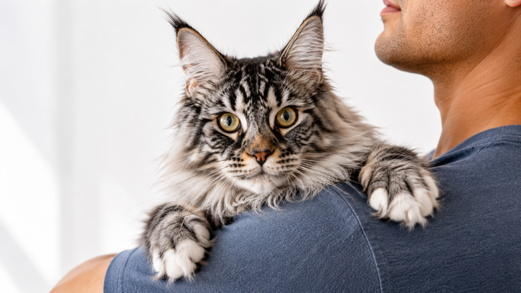 Saúde do Maine Coon: Guia Completo para Tutores 2026 4 Maine Coon blue silver tabby jovem nos braços do tutor —
a relação de confiança entre gato e pessoa começa com
a escolha de um criatório responsável e acompanhamento veterinário