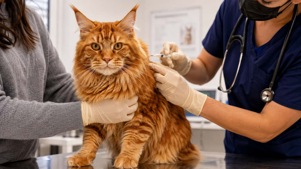 Saúde do Maine Coon: Guia Completo para Tutores 2026 5 Maine Coon laranja sendo vacinado pelo veterinário
com auxílio do tutor — a vacinação anual é essencial
para proteger o gato contra doenças infecciosas graves
