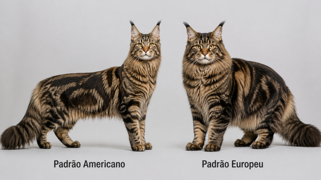 Comparação entre Maine Coon padrão americano e europeu —
diferenças de porte, tamanho e estrutura corporal