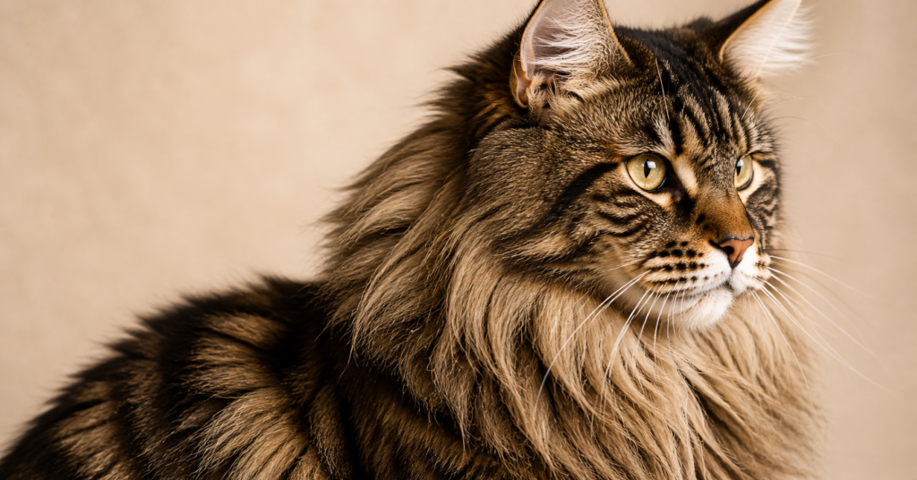 Close-up da pelagem longa e sedosa de um Maine Coon tabby
