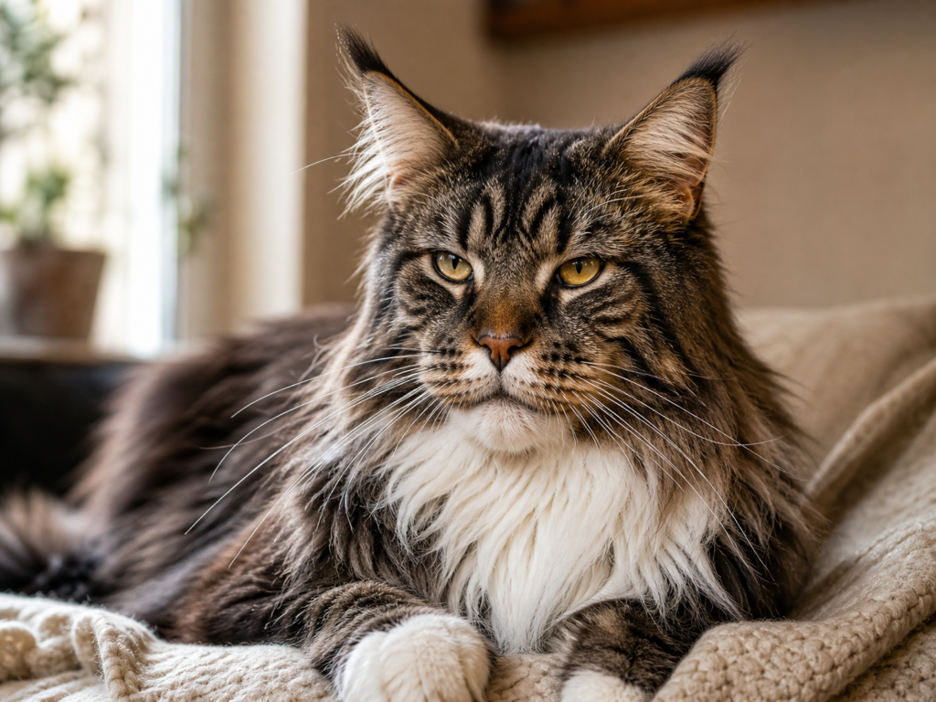 Maine Coon sênior brown tabby deitado sobre manta bege —
na fase sênior a dieta precisa de menos calorias
e mais suporte articular e proteico