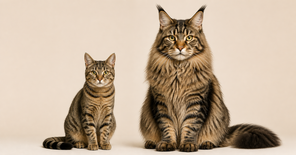 Maine Coon e gato doméstico lado a lado mostrando diferença de tamanho