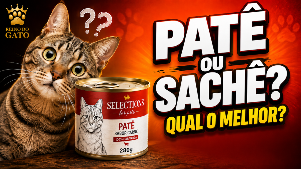 Avaliação Patê Selection para Gatos 2026: Patê ou Sachê? 6 Imagem destacada do artigo Avaliação Patê Selection para Gatos, com gato com expressão de dúvida ao lado da lata do produto