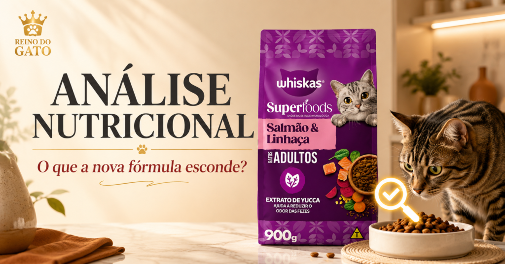 Whiskas Nova Fórmula 2026 e Sachês: É boa para seu Gato? 3 Gato curioso cheirando uma tigela de ração ao lado da embalagem roxa de Whiskas Superfoods Salmão e Linhaça, com título Análise Nutricional: O que a nova fórmula esconde
