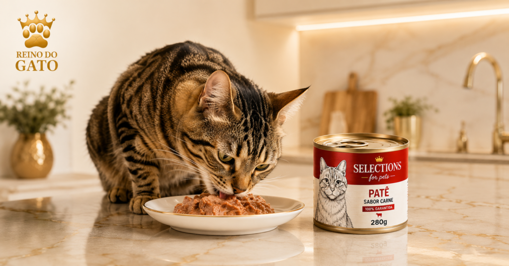 Avaliação Patê Selection para Gatos 2026: Patê ou Sachê? 3 Gato comendo o Patê Selection em uma cozinha gourmet sofisticada e elegante.