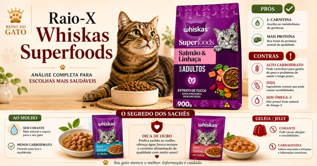 Whiskas Nova Fórmula 2026 e Sachês: É boa para seu Gato? 14 Infográfico educacional da avaliação Whiskas Superfoods listando os prós e contras da ração seca e comparando as vantagens do sachê ao molho versus a versão em geléia