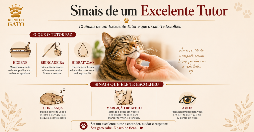 12 Sinais de que Você é um Excelente Tutor e que o Gato Te Escolheu 15 Infográfico educativo com design editorial listando os sinais de um tutor excelente, como caixa de areia limpa e brincadeiras diárias, e como o gato demonstra que te escolheu, como dormir perto e piscar devagar