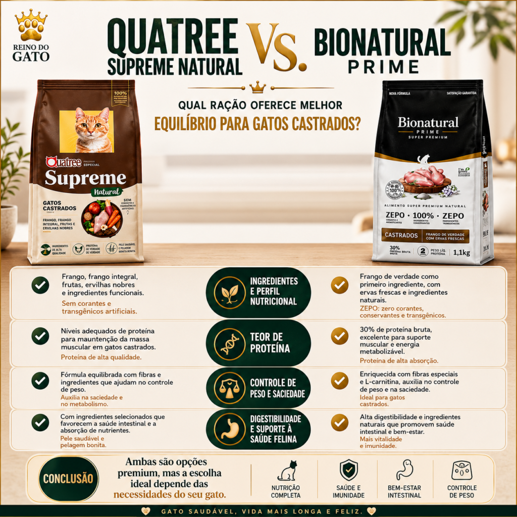 nfográfico editorial comparando Quatree Supreme Natural e Bionatural Prime para gatos castrados, com embalagens lado a lado, critérios nutricionais, conclusão educativa e visual clean em tons neutros e dourados