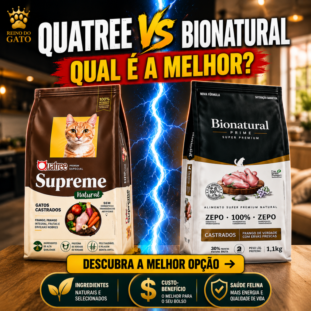 Thumbnail com as rações Quatree Supreme Natural e Bionatural Prime separadas por um raio elétrico, com o texto “Quatree vs Bionatural” e “Qual é a melhor?”