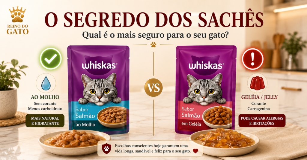 Whiskas Nova Fórmula 2026 e Sachês: É boa para seu Gato? 4 Imagem editorial premium comparando os sachês Whiskas: versão ao molho com destaque positivo e versão em geléia com alerta visual, em layout elegante e educativo