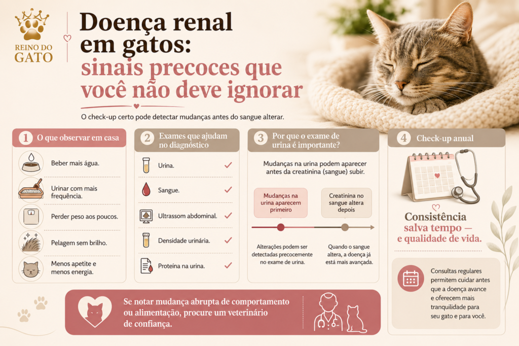Infográfico educacional sobre doença renal em gatos, com sinais precoces, exames de urina e sangue, e orientação para check-up veterinário.